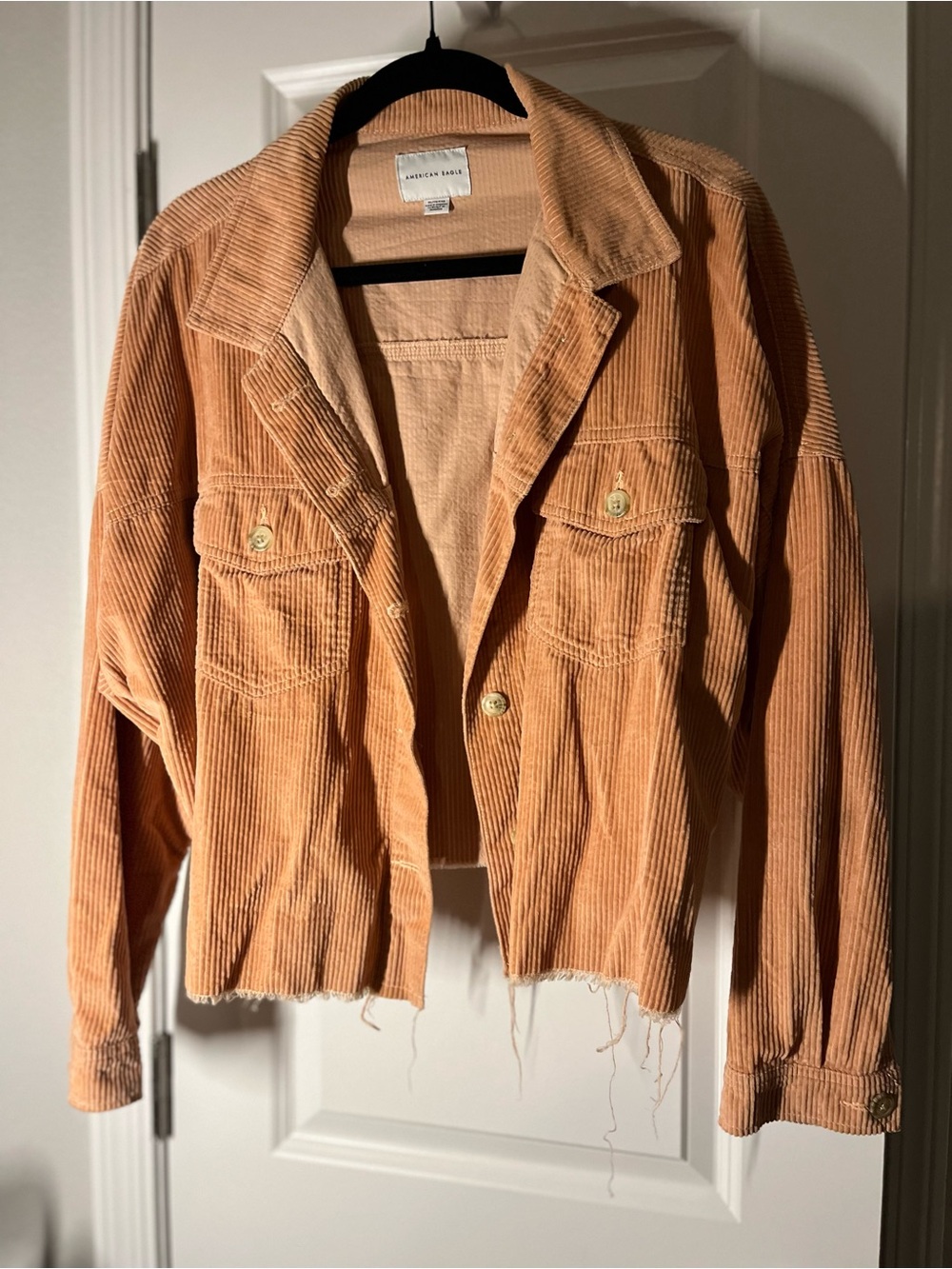 American Eagle Cropped Corduroy Jacket in Tan Peach